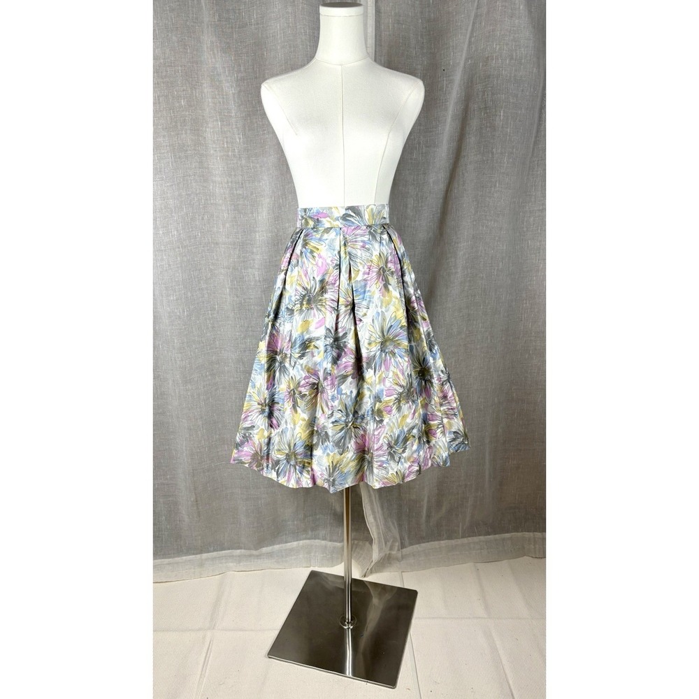 Vintage 60's Floral Cotton Skirt Size XL Full Box Pleated Pink Blue White Pinup